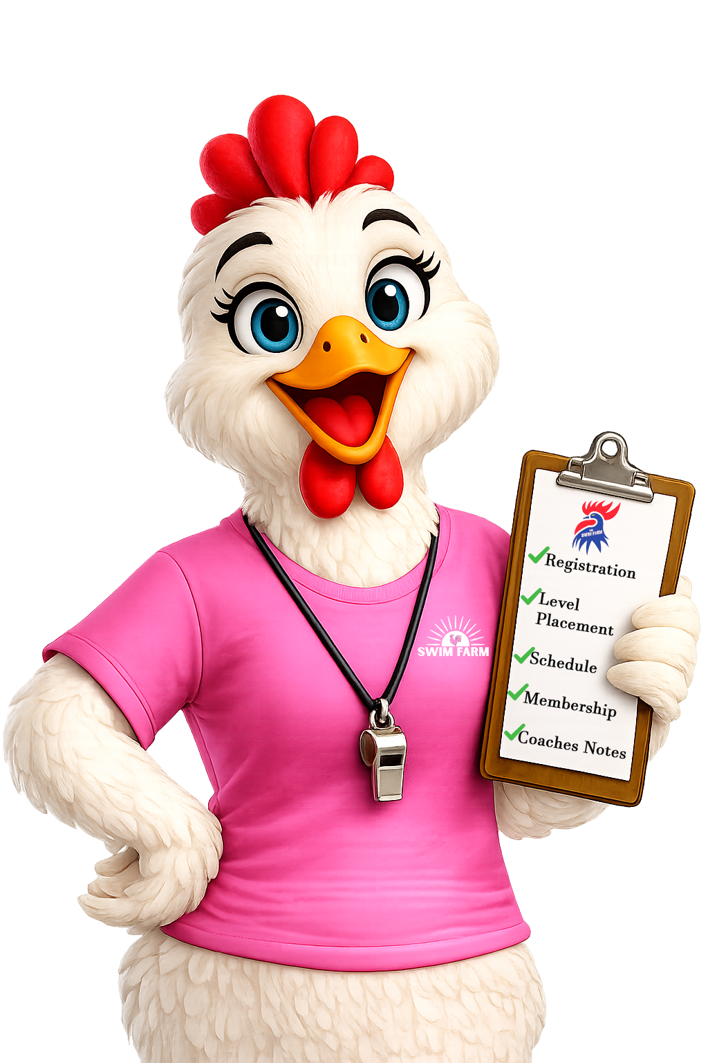 Philomena, the Swim Farm Assistant, holding a clipboard.